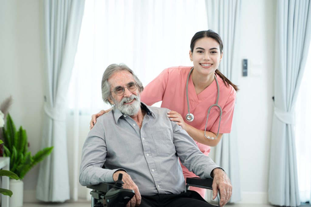 Nurse with patient in empathy at nursing home,Trust and support of help.